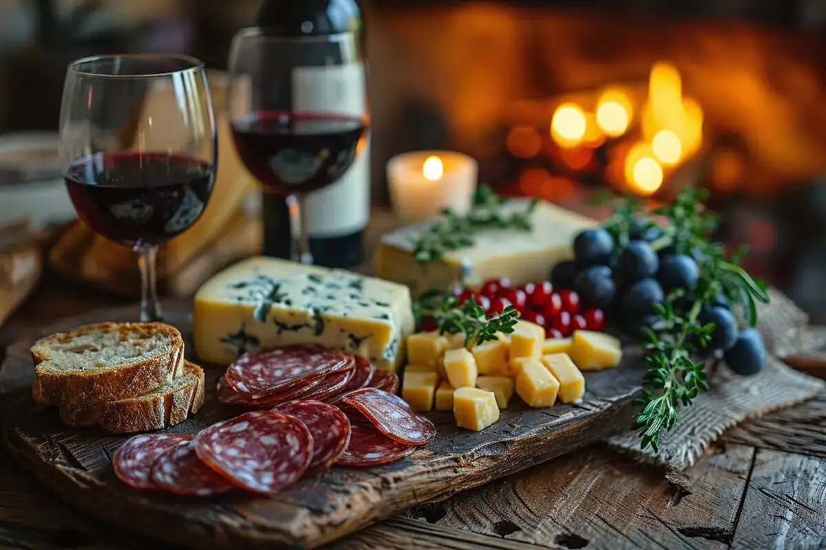 Tagliere con salumi, formaggi, uva e pane, perfetto per i barolo abbinamenti. Un bicchiere di vino rosso e il fuoco creano un'atmosfera accogliente.