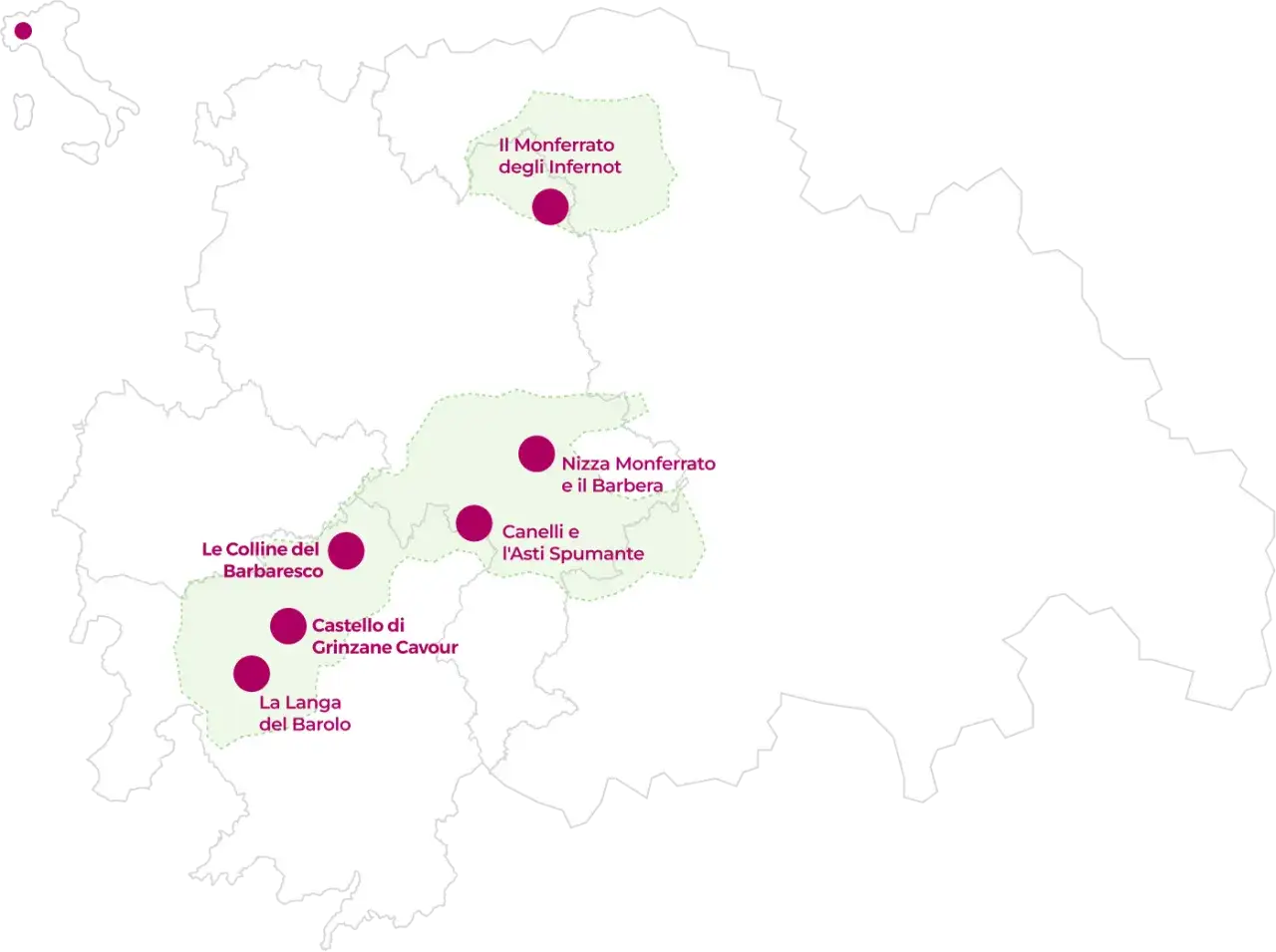 Mappa delle zone del vino Barolo e altre denominazioni piemontesi. La Langa del Barolo, Castello di Grinzane Cavour, Le Colline del Barbaresco, Nizza Monferrato e il Barbera, Canelli e l'Asti Spumante, Il Monferrato degli Infernot.
