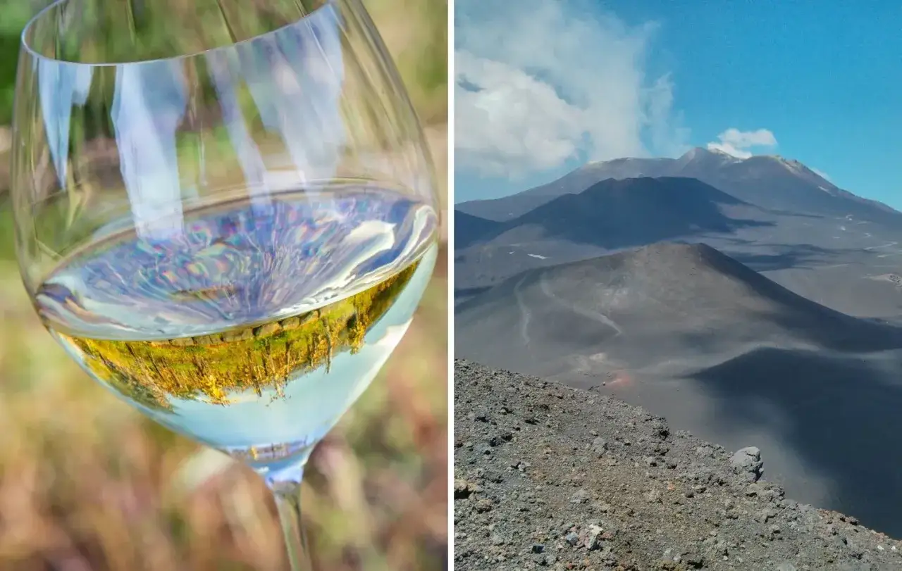 Un bicchiere di vino bianco riflette un paesaggio dorato, mentre sullo sfondo si staglia la maestosa Cottanera, un vulcano attivo.