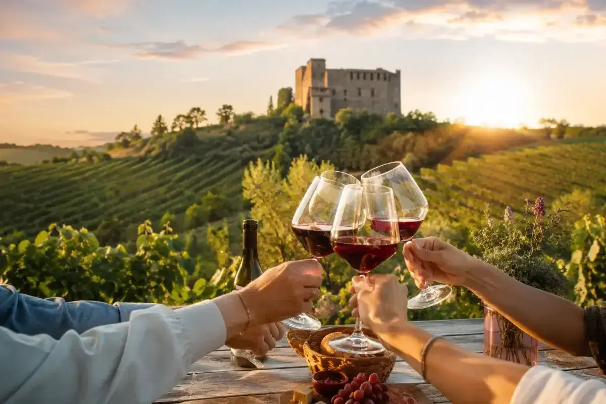 Un brindisi al tramonto con vino rosso, tra le colline dell'Oltrepò Pavese. Un aperitivo in vigna con vista su un castello.