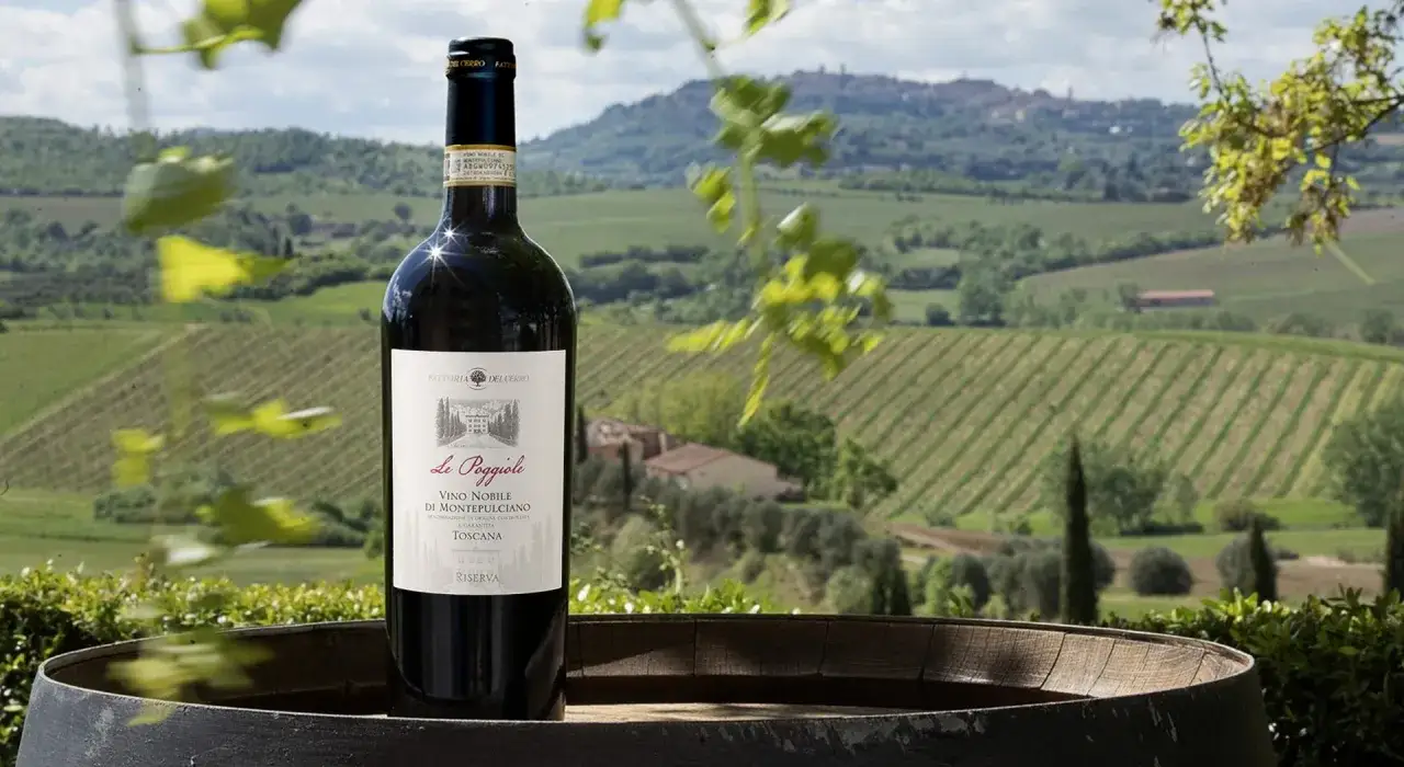 Bottiglia di Vino Nobile di Montepulciano in primo piano, con vigneti e colline toscane sullo sfondo. Ideale per una degustazione vini Montepulciano.