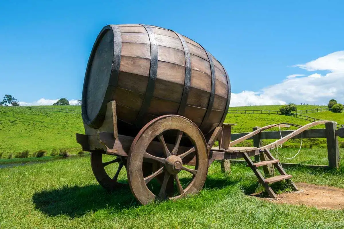 Carro con botte di legno su prato verde. Le botti, come questa, contengono spesso liquidi che acquisiscono i tannini, sostanze naturali dal legno.