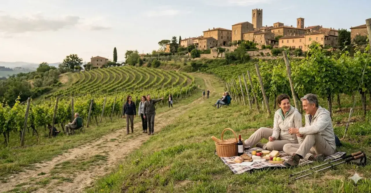 Coppia in un vigneto con borgo sullo sfondo, ideale per un'esperienza di cantine aperte nel Lazio.
