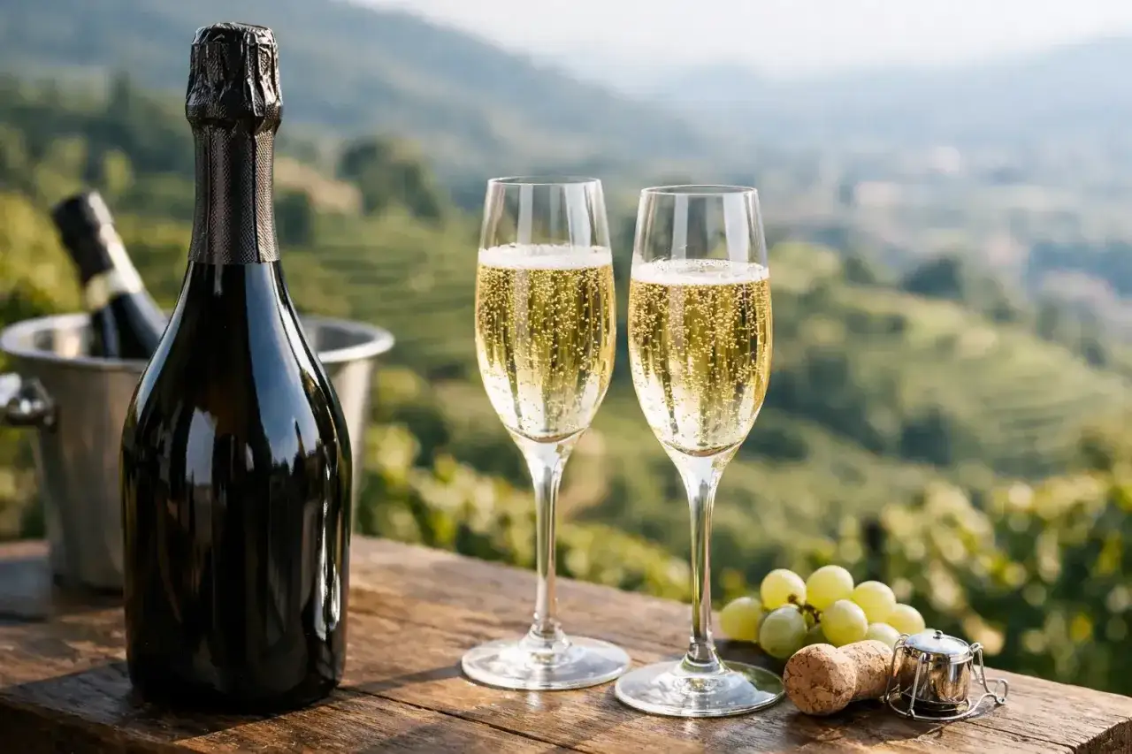 Due calici di spumante millesimato, con bollicine dorate, su un tavolo di legno con una bottiglia in un secchiello e grappoli d'uva.