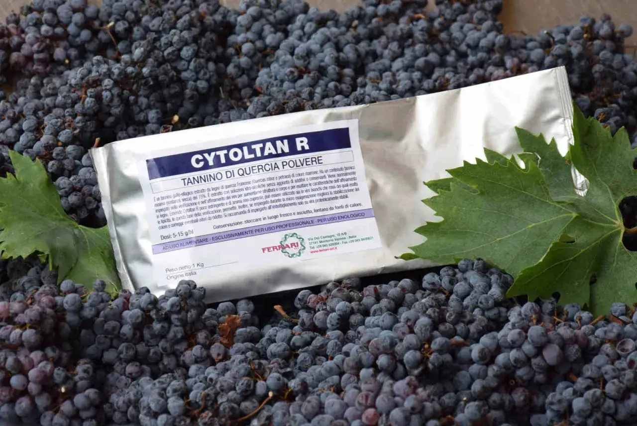 Busta di tannini gallici di quercia, circondata da grappoli d'uva scura. Ideale per l'affinamento del vino.