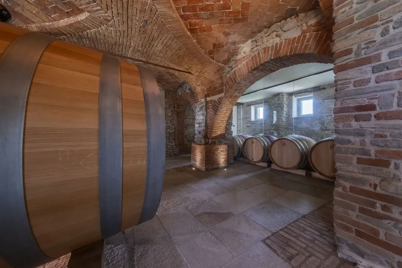 Cantina della tenuta Bussia con botti di legno e soffitto a volta in mattoni.