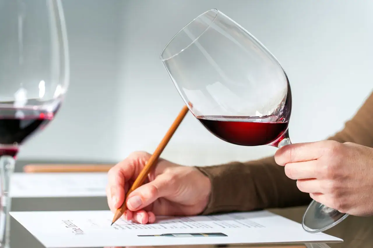 Mano che tiene un calice di vino rosso, mentre scrive su un foglio. L'immagine evoca il sapido significato dell'analisi sensoriale.