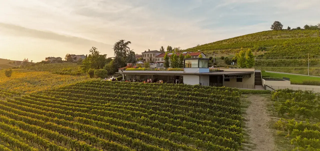 Vigneti rigogliosi abbracciano una moderna cantina, tra le migliori cantine Asti, con persone che si godono il tramonto.