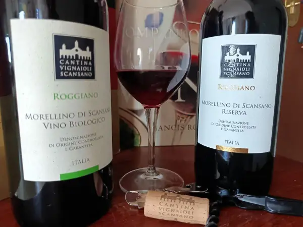 Due bottiglie di Morellino di Scansano e un calice di vino rosso, pronti per celebrare il santo del vino.