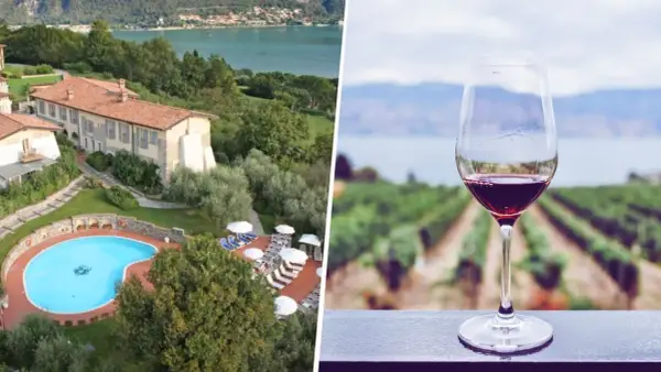 Un bicchiere di vino rosso con vigneti e lago sullo sfondo, ideale per una visita cantine Franciacorta con pernottamento.