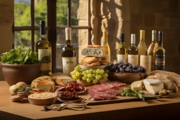 Un ricco aperitivo in vigna in Campania: bottiglie di vino, pane fresco, salumi, formaggi, uva e verdure su un tavolo di legno.